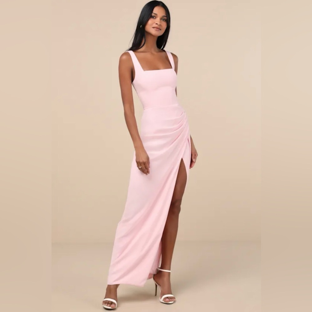 Lulu's Blush Pink Square-Neck Maxi Dress with Side Slit